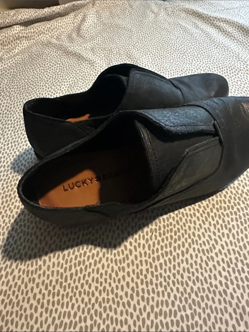 Lucky Brand Men's Black Leather Slip-On Loafers with Brown Insole